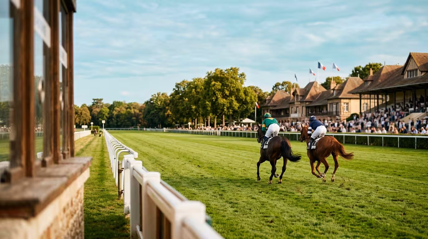 Hippodrome français, chevaux en course vus des tribunes — contexte du pari simple gagnant placé en turf