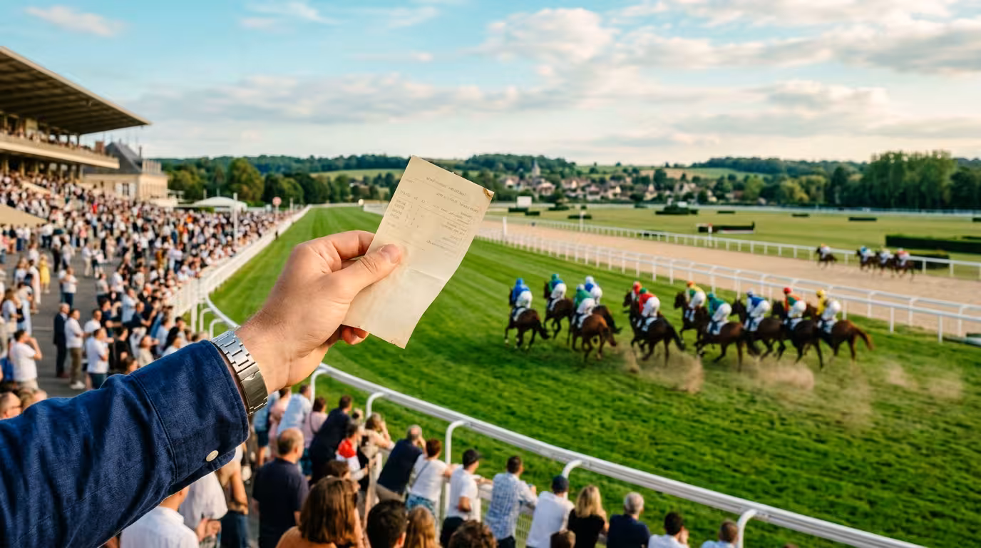 Vue des tribunes d'un hippodrome, main tenant un ticket de pari simple placé gagnant au premier plan