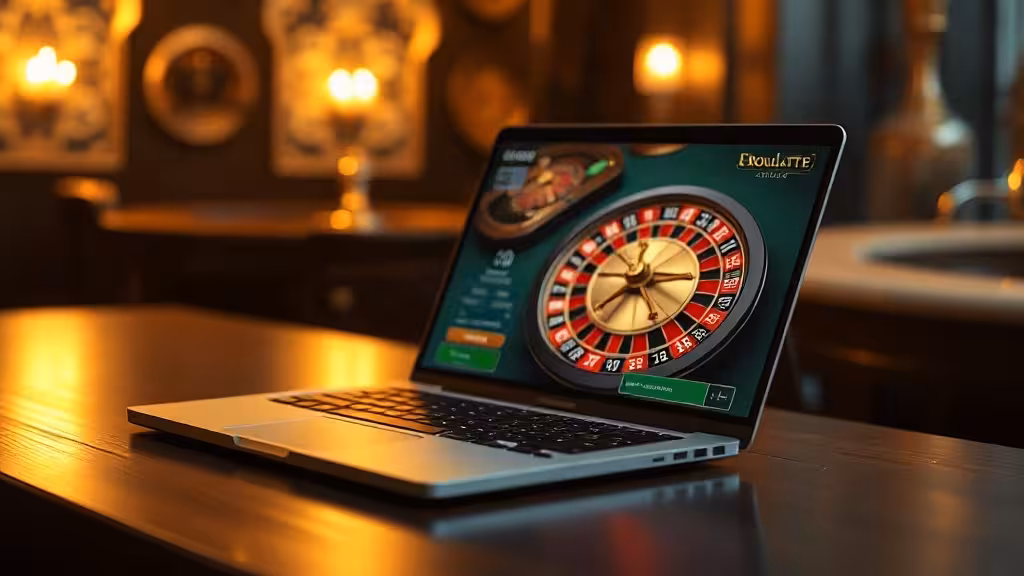 Interface d'un simulateur de roulette affichée sur un laptop dans une ambiance casino professionnelle