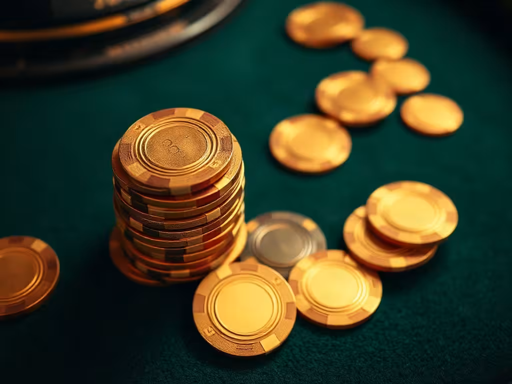 Jetons de roulette sur tapis vert feutrine, vue rapprochée dans cadre professionnel de casino