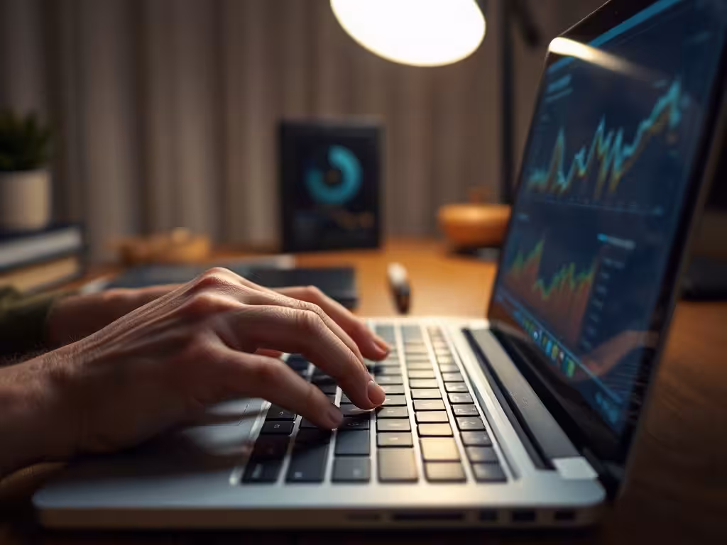 Mains sur clavier d'ordinateur avec dashboard de simulateur de roulette affiché à l'écran