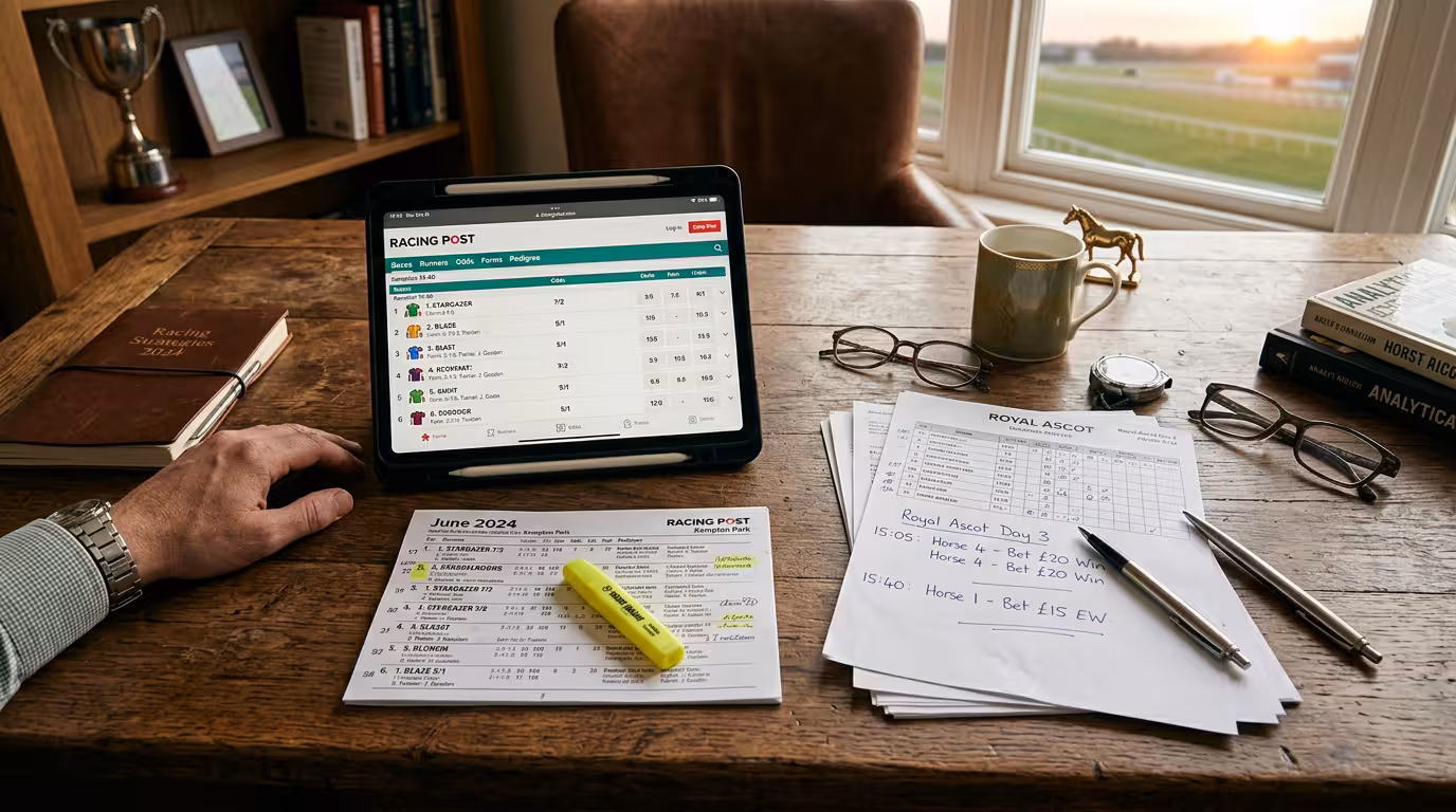 Bureau d'analyste hippique avec formulaires de pronostic et données de courses au quinté