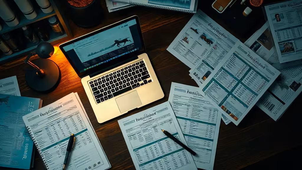 Bureau d'analyse des statistiques PMU avec ordinateur et documents hippiques, lumière douce