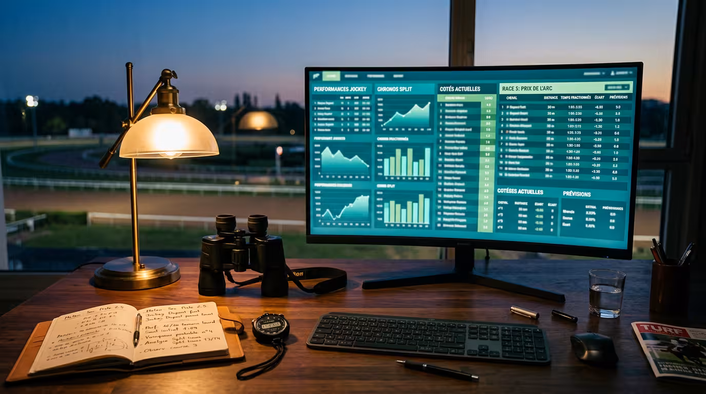 Bureau d'analyste turf avec écran de statistiques hippiques et carnet de pronostics — Sulkyland