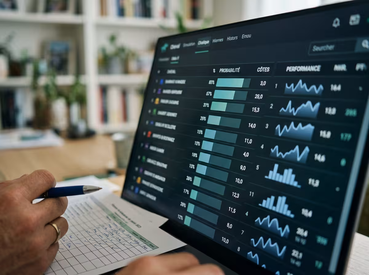 Écran de simulation hippique affichant des courbes de probabilités et un tableau de pronostics turf