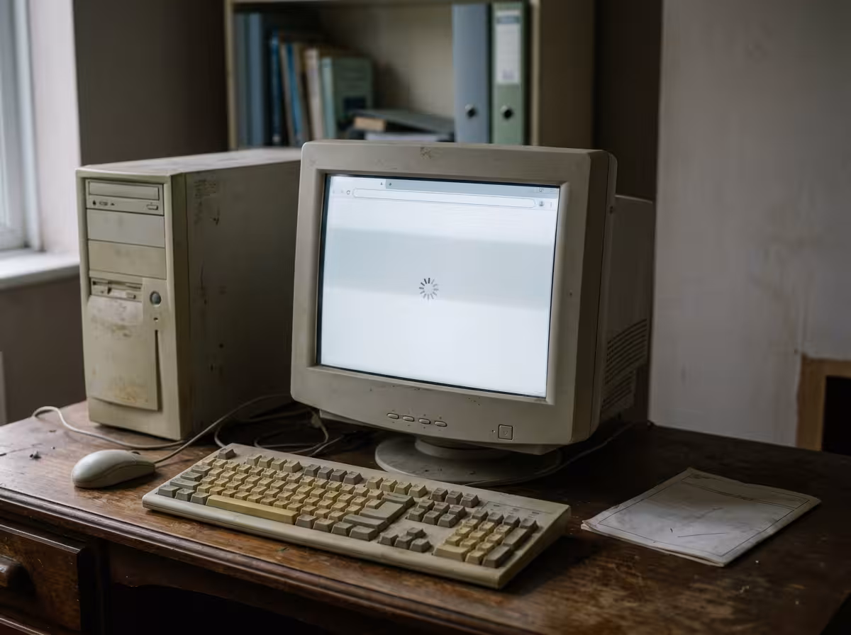 Ordinateur de bureau éteint symbolisant un service de pronostiqueur hippique en ligne hors service en 2026