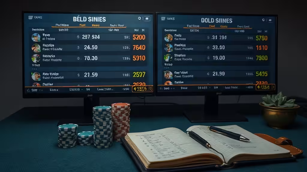 Deux écrans de paris affichant des côtes différentes pour un surebet, jetons et calculs d'arbitrage sportif