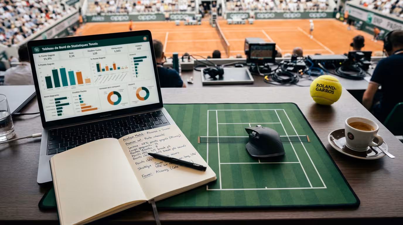 Bureau d'analyste préparant un tennis prono avec statistiques sur écran et carnet de notes
