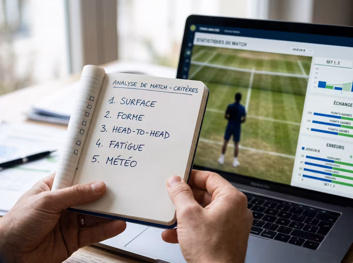 Carnet listant les cinq critères d'analyse avant un pari tennis à côté d'un écran de statistiques