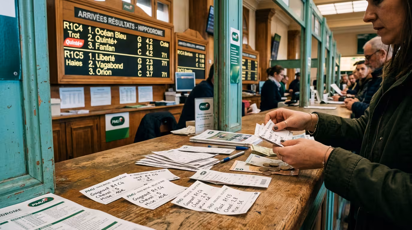 Comptoir de pari en hipodrome avec tickets et écrans d'affichage des cotes