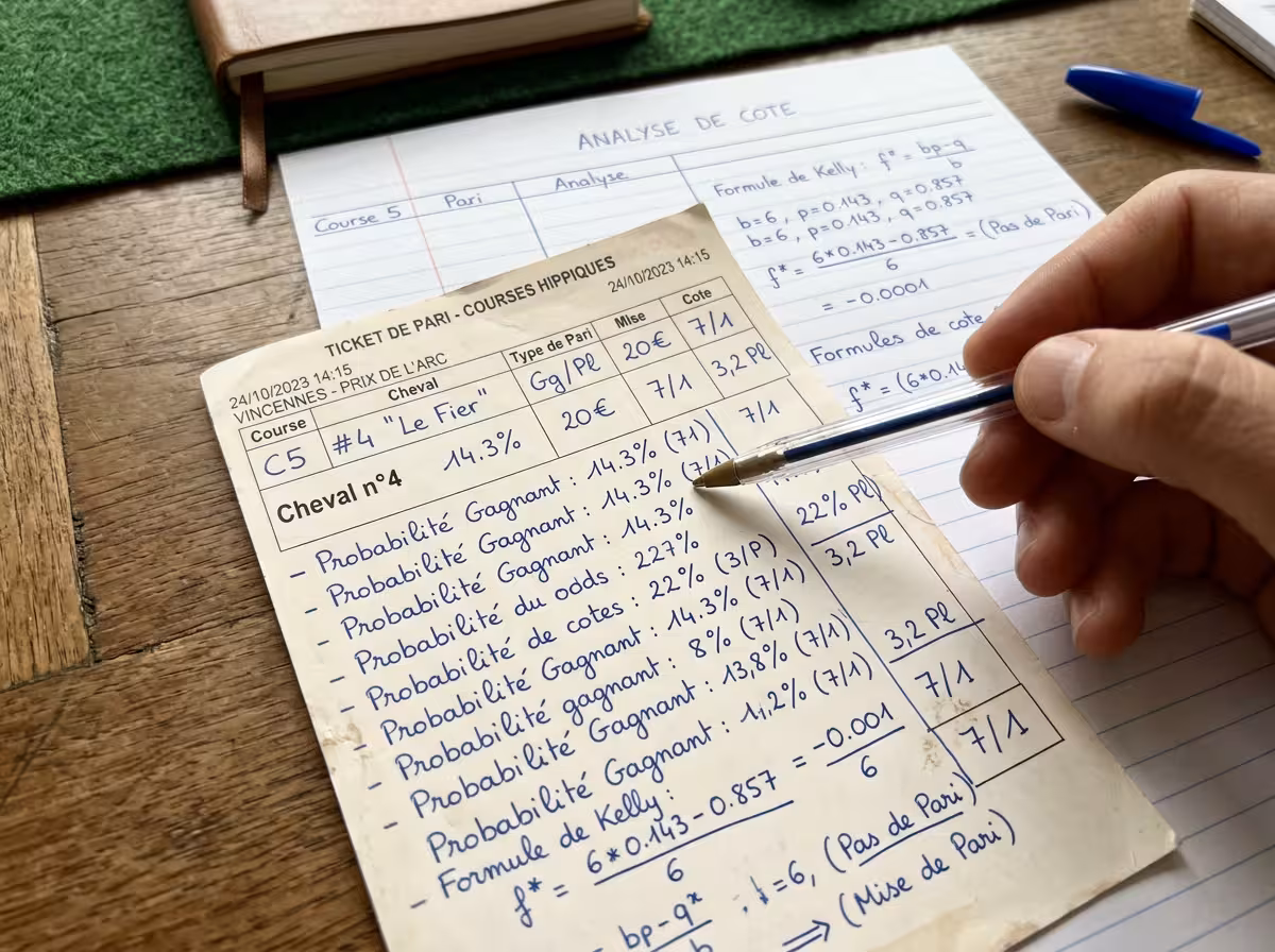 Feuille d'analyse avec calculs manuels de marge et mise sur ticket