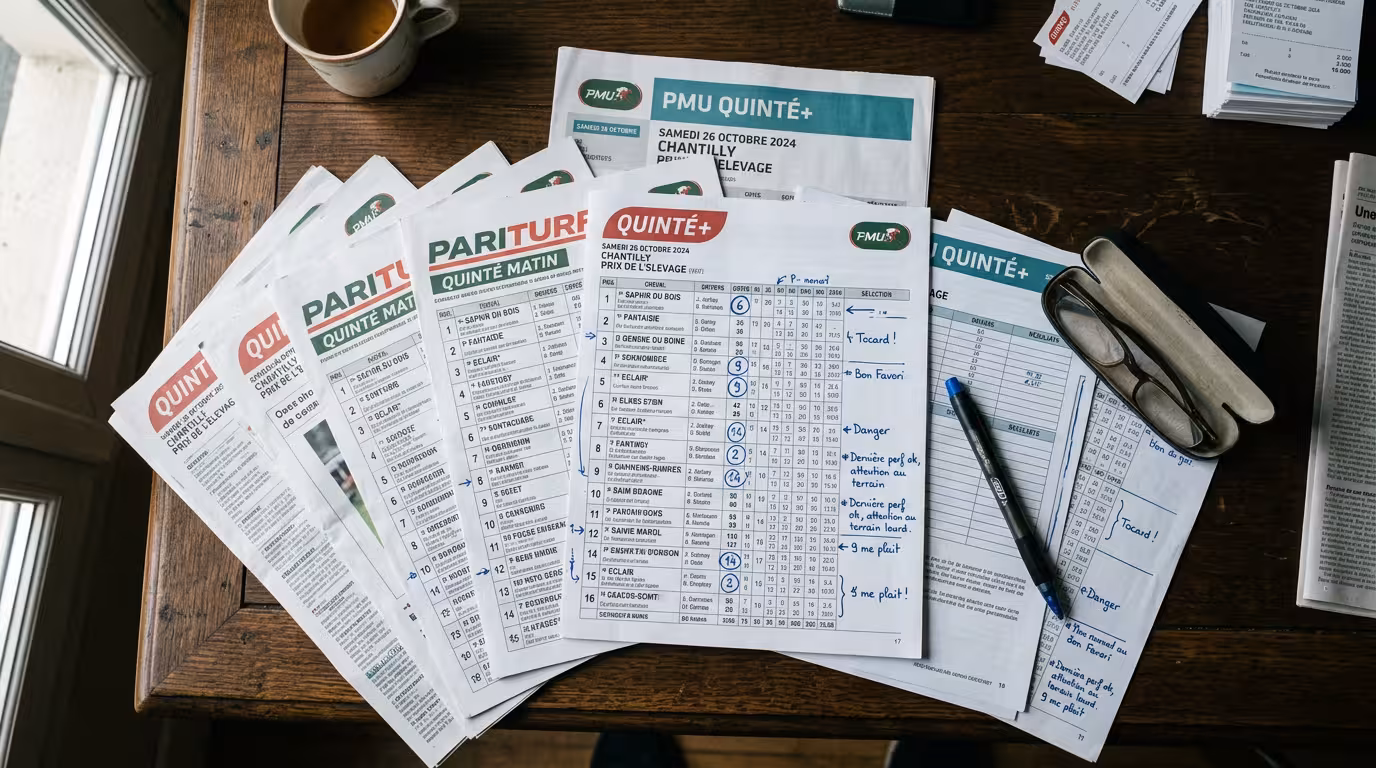 Programme quinté annoté sur un bureau, méthode d'analyse pour trouver les bases du quinté PMU