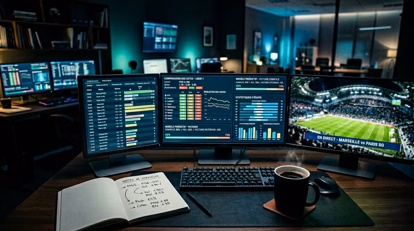Poste d'analyse de cotes sportives avec écrans affichant des tableaux de probabilités pour repérer une value bet