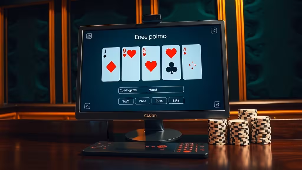 Interface de vidéo poker gratuit sur écran, avec cartes et jetons, ambiance casino professionnelle