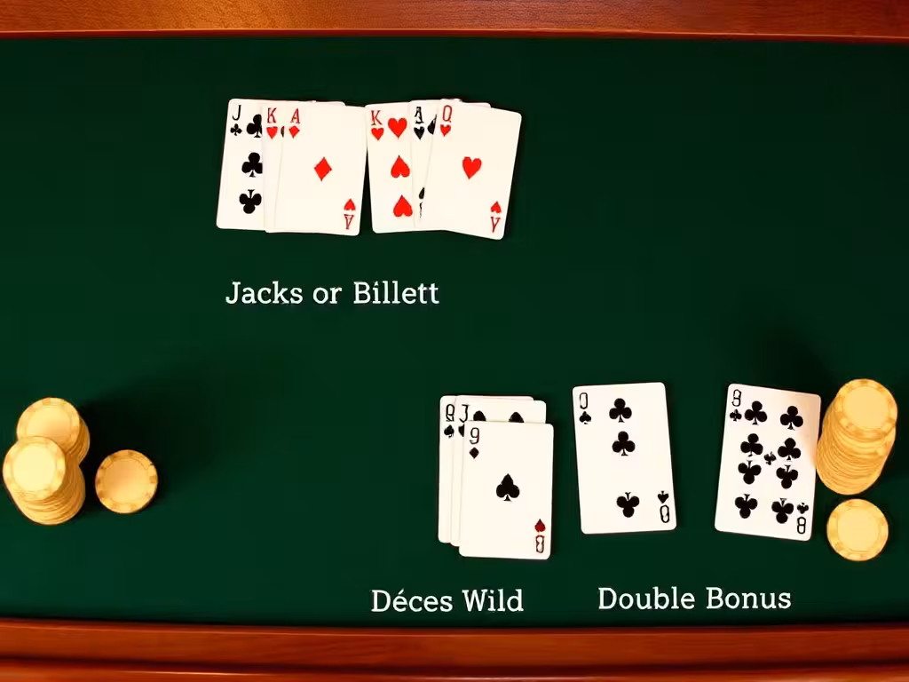 Trois arrangements de cartes représentant les variantes du vidéo poker (Jacks or Better, Deuces Wild, Double Bonus)