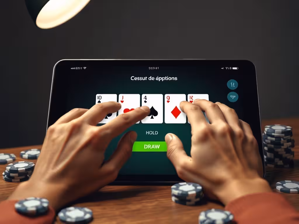 Écran de vidéo poker affichant une main stratégique avec indicateurs de conservation des cartes