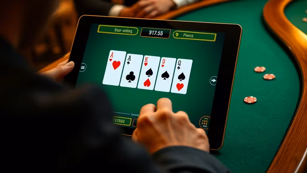 Interface vidéo poker avec cinq cartes distribuées, écran sur tapis vert de casino avec jetons et ambiance pro.