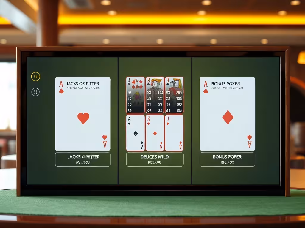 Trois variantes de vidéo poker affichées côte-à-côte : Jacks or Better, Deuces Wild, Bonus Poker.