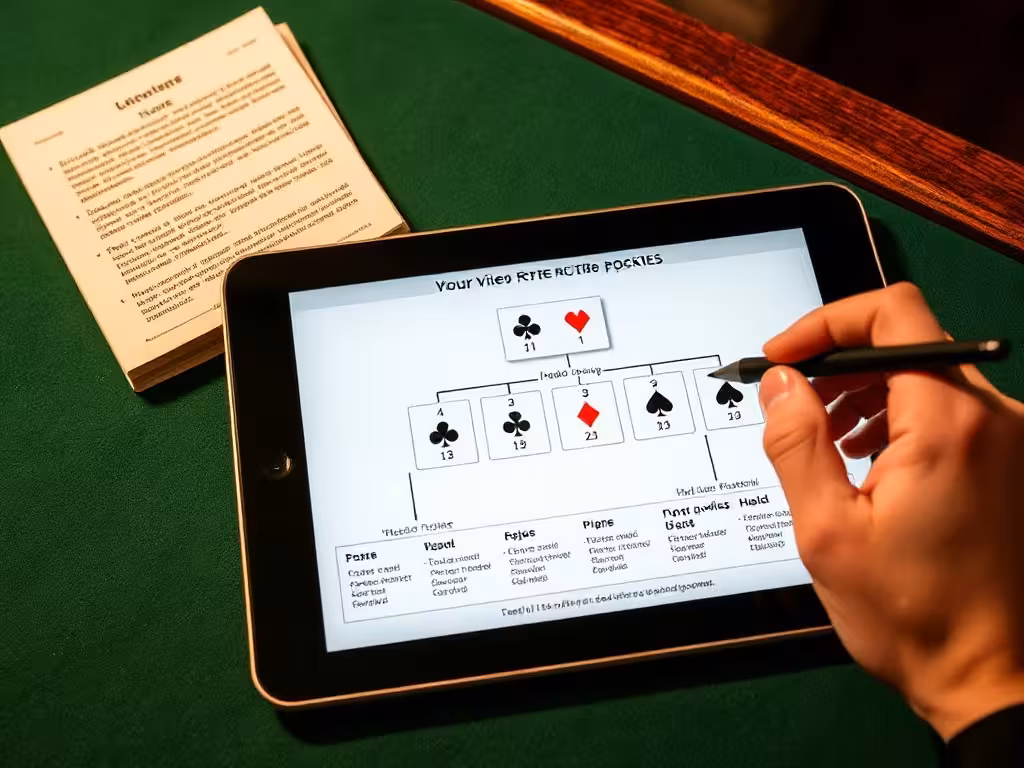 Tableau de stratégie vidéo poker avec décisions hold/fold et cartes annotées pour optimiser le jeu.