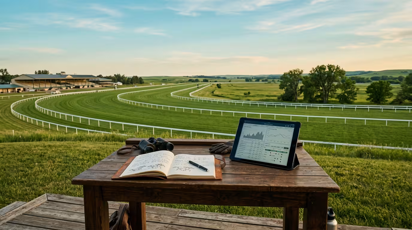 Hippodrome et station d'analyse turf avec carnet et tablette pour les combinaisons du Quinté+