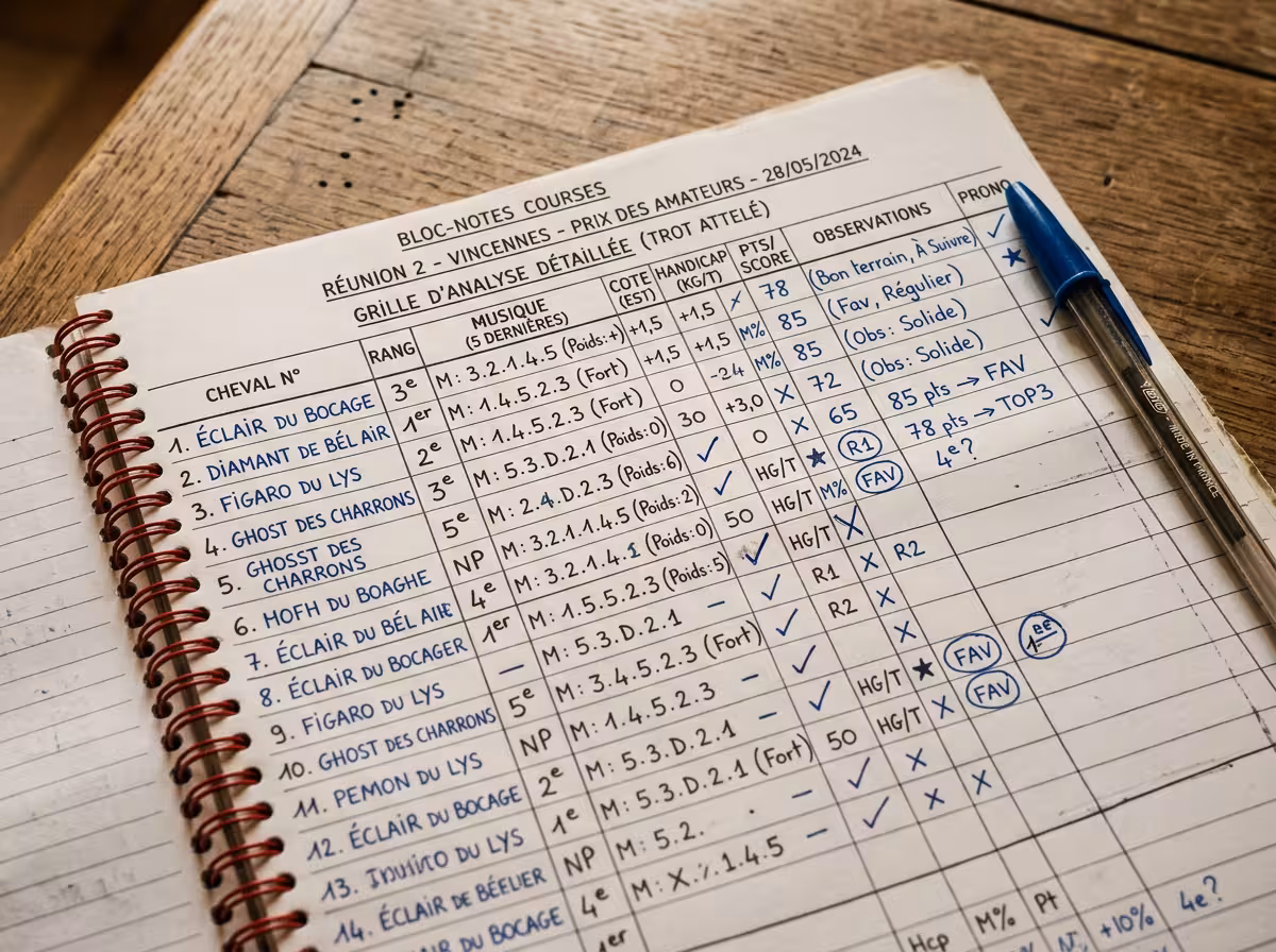 Carnet d'analyse turf ouvert montrant le système de classement et rangs des chevaux